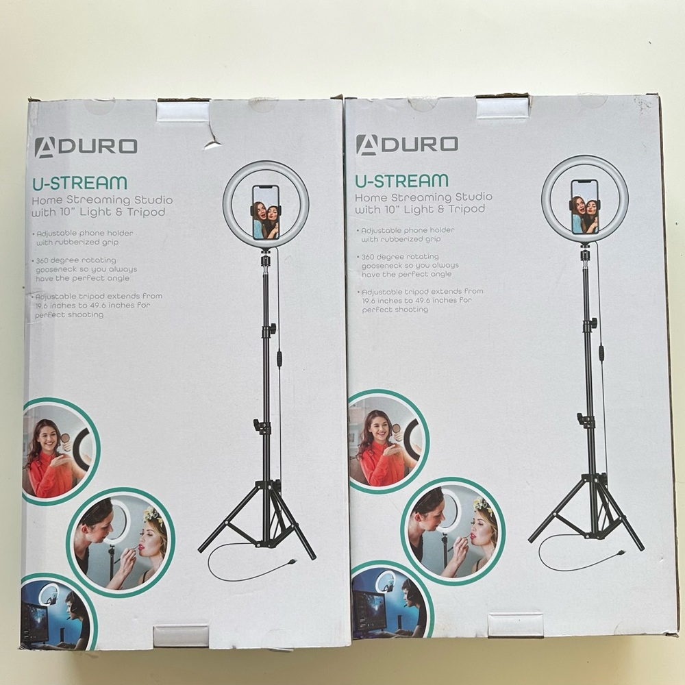 2 ADURO U-Stream Home Streaming Studio with 10” Light and Tripod, NIB